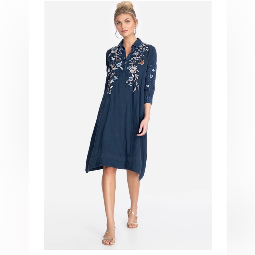 Johnny Was Workshop Shiloh Henley Shirt Dress, Dark blue, embroidery, Sz XL
